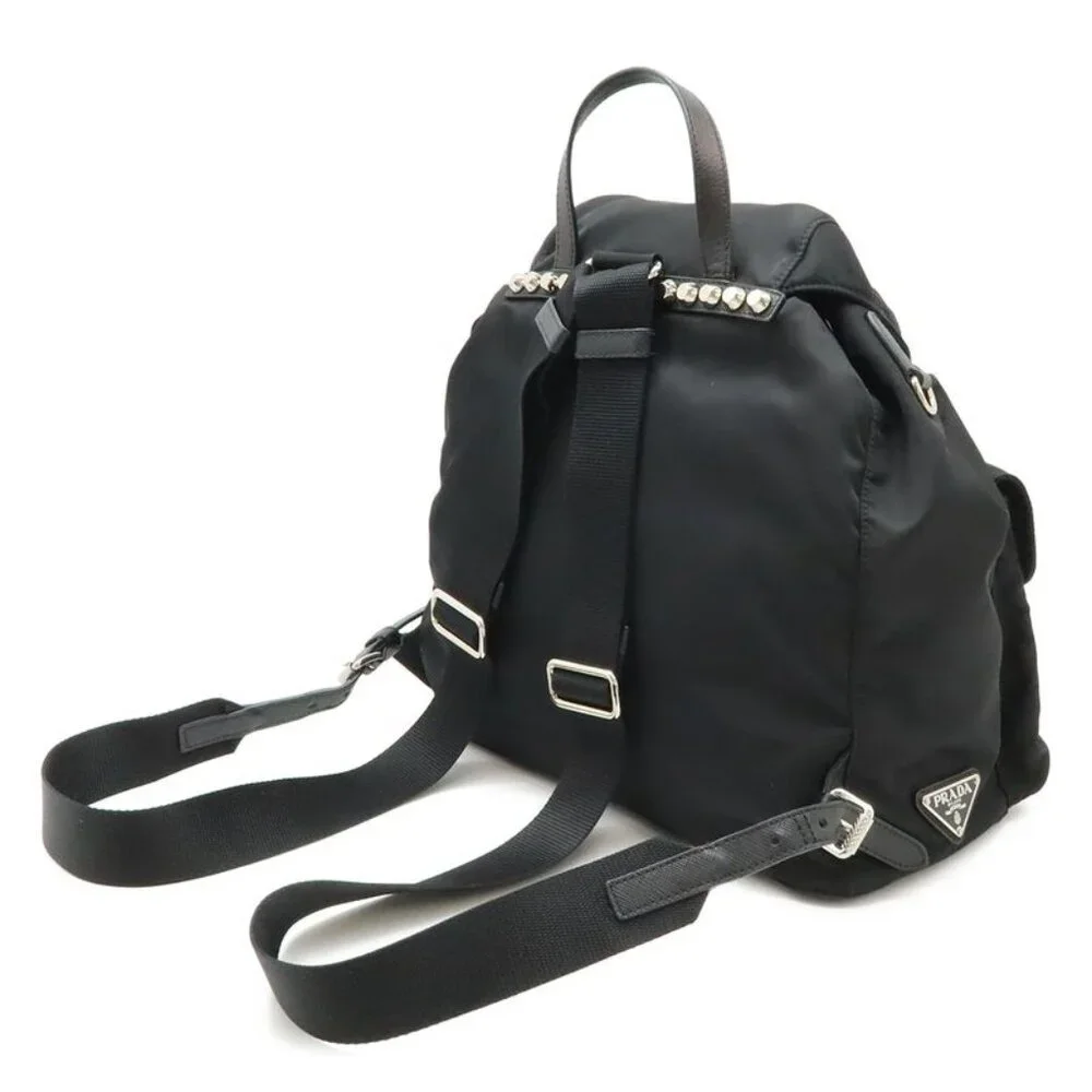 Prada Triangle Logo Backpack Studs Nylon Leather Nero Black - Picture 2 of 8